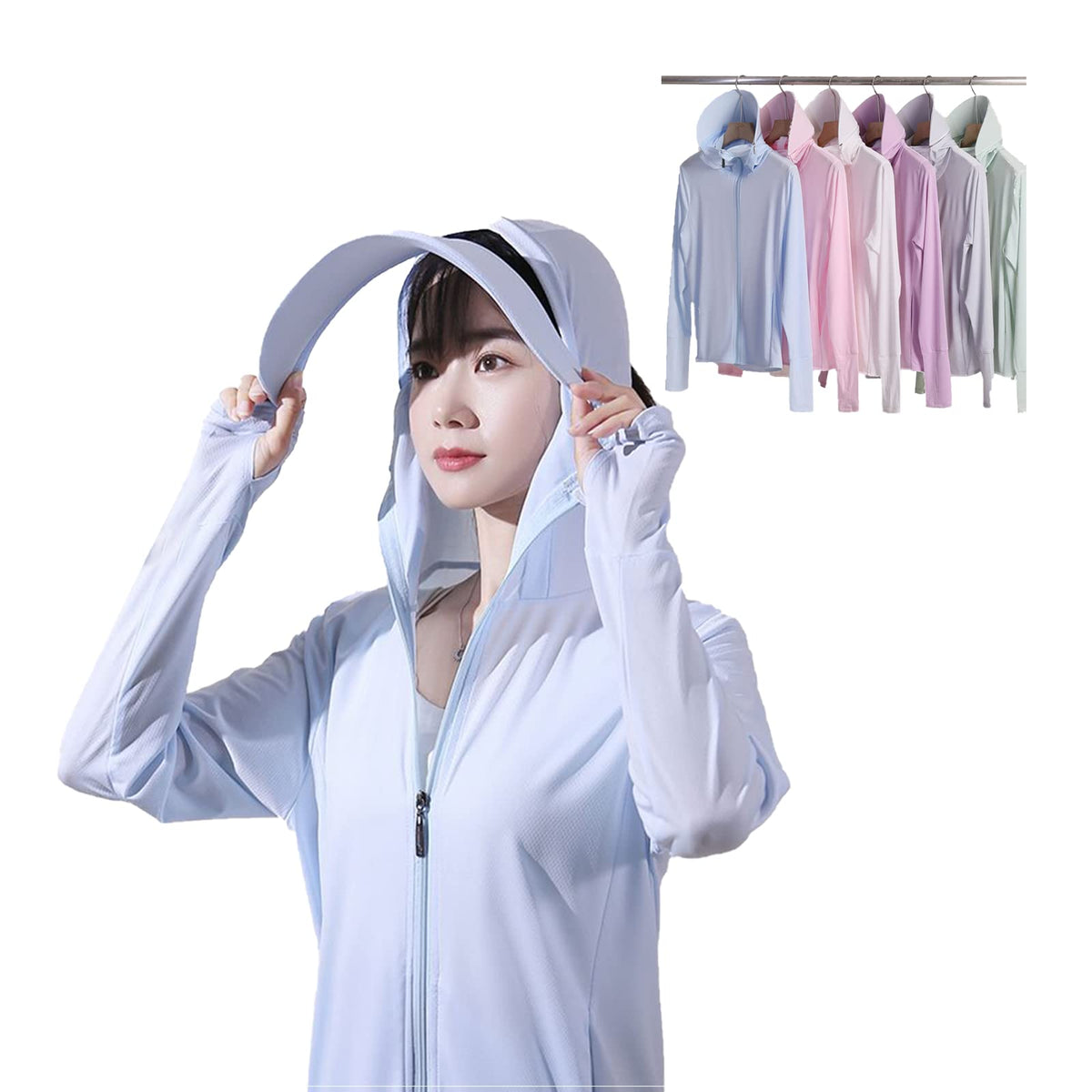 CHERSE Woman Sun Protection Hoodie Jacket Lightweight UPE50+ Sun Blocking Coat with Pocket Long Sleeve Shirt Hiking Outdoor (as1, alpha, l, regular, regular, Light-blue)