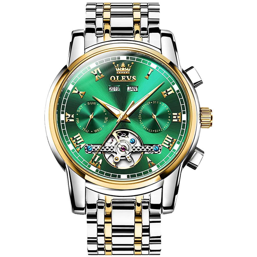 OLEVS Men's Watch Automatic Mechanical Movement Luxury Watches Waterproof Self Winding Day Date Month Year Stainless Steel Strap Luminous Hands Tourbillon Wristwatch for Men Gifts