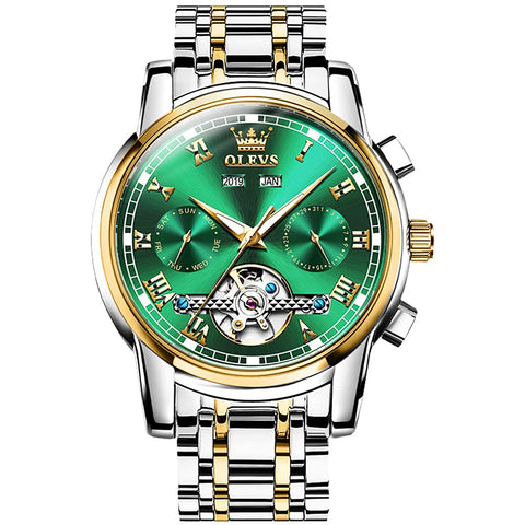OLEVS Men's Watch Automatic Mechanical Movement Luxury Watches Waterproof Self Winding Day Date Month Year Stainless Steel Strap Luminous Hands Tourbillon Wristwatch for Men Gifts