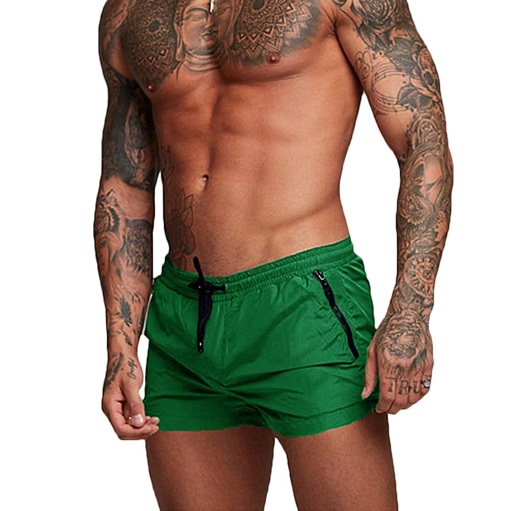 Rexcyril Men's Athletic Gym Workout Shorts 3 Inch Quick Dry Running Bodybuilding Short Shorts with Liner and Zipper Pockets, Green, X-Large