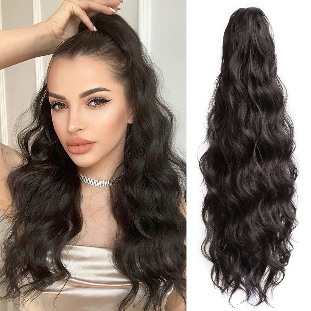 StrRid Pony Tail Hair Extainson, Ponytail Extension Claw Clip in Hair Extensions Ponytail 22" Wavy Ponytail Wig Curly Synthetic Fake Hair Daily londe Hair Pieces for Women 6 oz-Darkest Brown