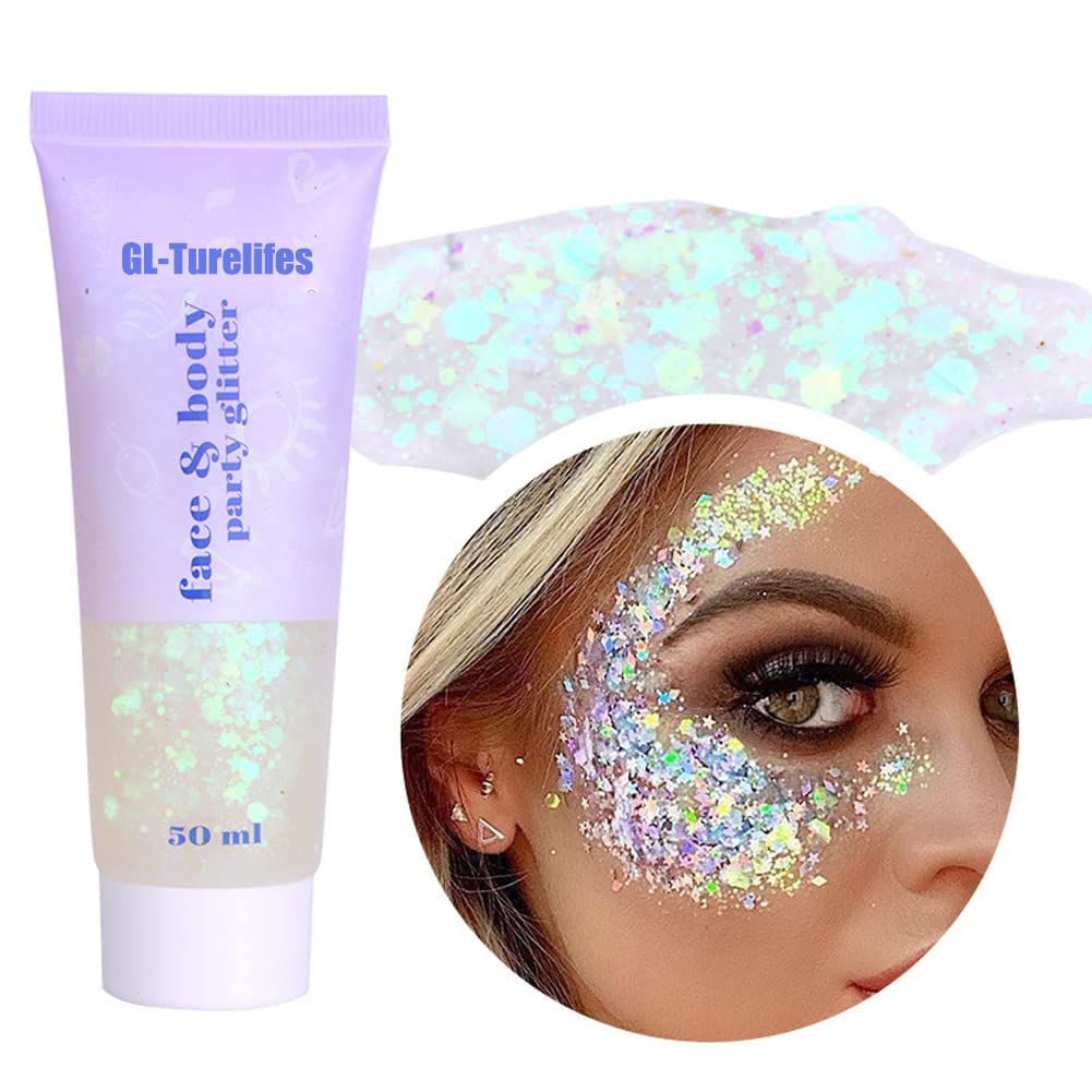 GL-Turelifes 50ml Sequins Chunky Glitter Liquid Eyeshadow Glitter Body Gel Festival Glitter Cosmetic Face Hair Nails Makeup Long Lasting Sparkling Easy to Apply, Easy to Remove (#06 White)