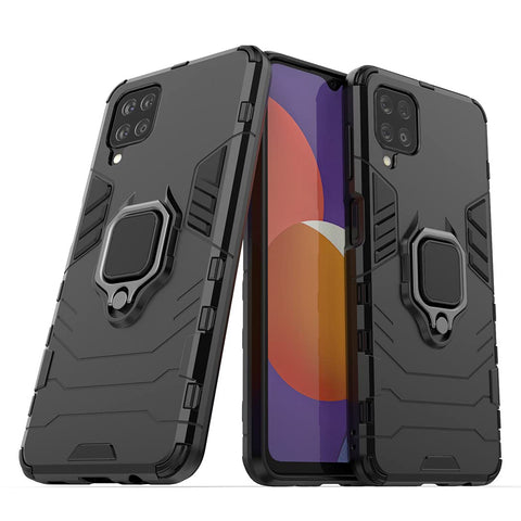 Compatible with Samsung Galaxy M12 Case, Metal Ring Grip Kickstand Shockproof Hard Bumper (Works with Magnetic Car Mount) Dual Layer Rugged Cover (Black)