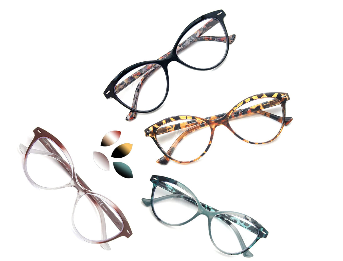 MODFANS 4 Pack Cat Eye 2.0 Reading Glasses for Women,Fashion Ladies Design Comfortable Spring Hinge Stylish 4 Pair Women Readers with 4 Pouch