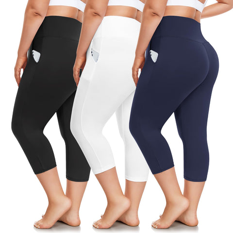 FULLSOFT 3 Pack Plus Size Capri Leggings with Pockets for Women -High Waist Stretchy 1X-4X Workout Yoga Pants(XL,HBZ)