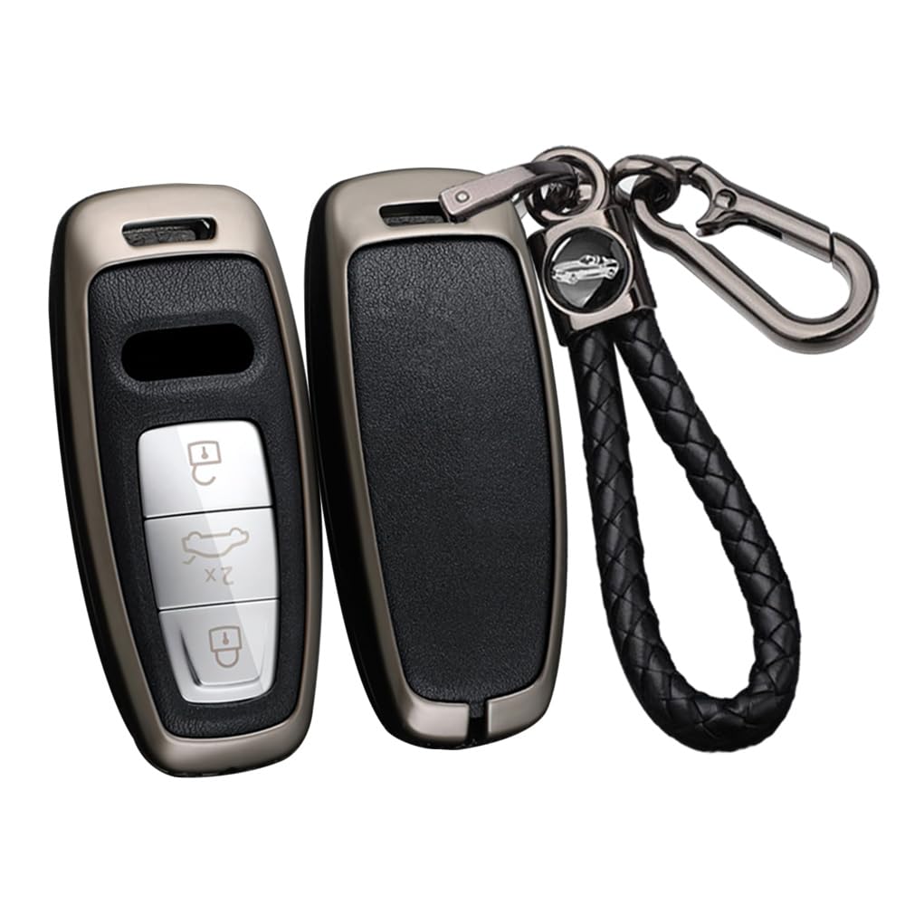 ontto Alloy Car Key fob Cover Fit for Audi A6 A7 A8 E-tron Q5 Q7 Q8 C8 D5 2019-2023 keyless entry 3 buttons Smart Leather Key case Shell key holder bag keyring keychain accessories Black