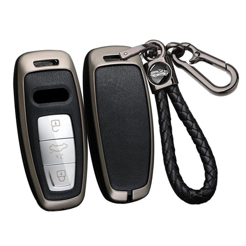 ontto Alloy Car Key fob Cover Fit for Audi A6 A7 A8 E-tron Q5 Q7 Q8 C8 D5 2019-2023 keyless entry 3 buttons Smart Leather Key case Shell key holder bag keyring keychain accessories Black