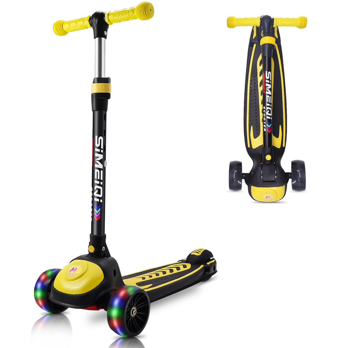 Kids Tri Scooter 3 Wheels for Kids 3-12 Years Old LED Flashing Light Adjustable Height Lean to Steer Technology Extral Wide Deck (Yellow)