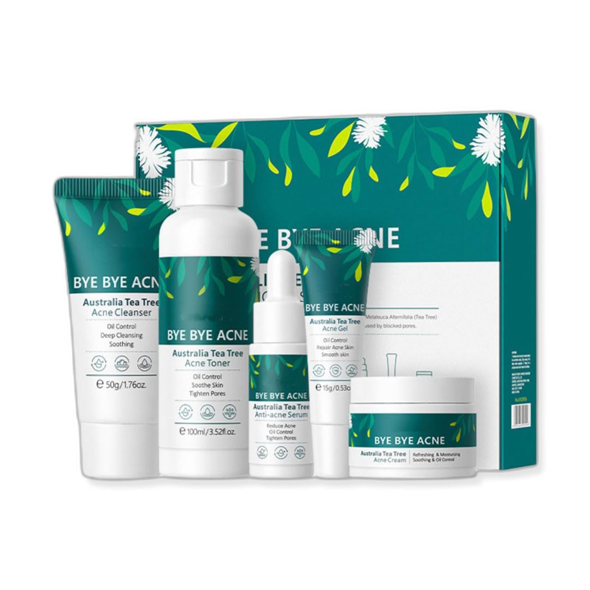 Generic Australian Tea Tree 5 Piece Facial Care Set - Pure Natural Plant Extracts - Hydrating Acne Clearing & Cleansing - Suitable for all types of people and skin types.
