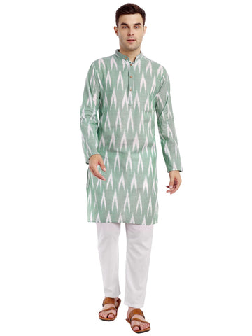 SKAVIJ Men's Pure Cotton Printed Kurta Pajama Set Ikat Design Casual Ethnic Dress (KP118olivegreen_Olive Green_L)