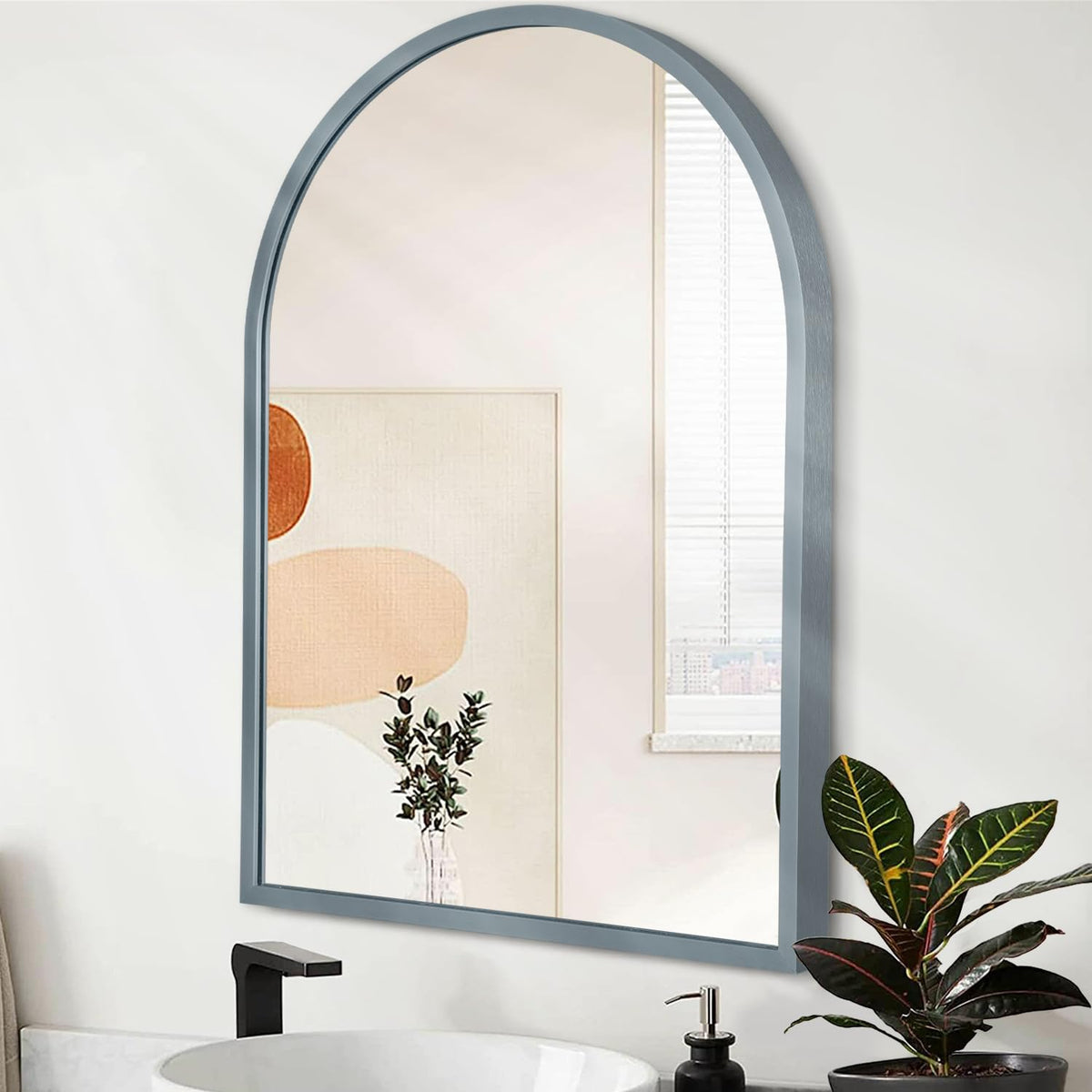 Wall Mirror Arched Bathroom Mirrors Aluminum Alloy Frame Contemporary Hanging Vanity Mirror for Living Room Bedroom Entryway Vanity, Brushed Metal Framed Wall Mounted Mirror Gray 16"x12"