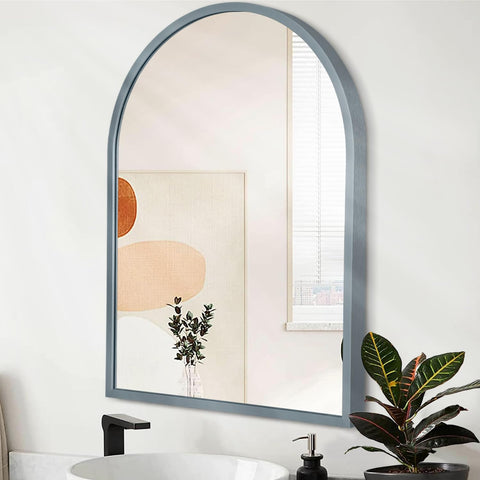 Wall Mirror Arched Bathroom Mirrors Aluminum Alloy Frame Contemporary Hanging Vanity Mirror for Living Room Bedroom Entryway Vanity, Brushed Metal Framed Wall Mounted Mirror Gray 16"x12"
