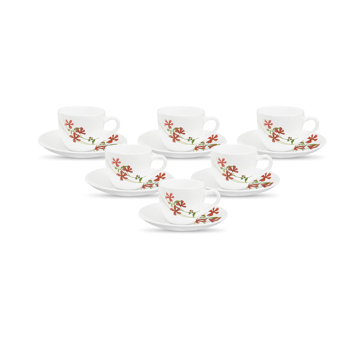 La Opala, Novo Collection, Opal Glass Cup & Saucer Set Lily 12 pcs, Coral Charm, White