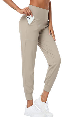 Oalka Women's Joggers High Waist Yoga Pockets Sweatpants Sport Workout Pants Khaki Brown XL