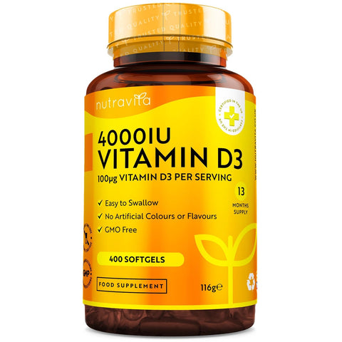 Vitamin D3 4000 iu - 400 High Strength Easy to Swallow Premium Softgels - Over A Years Supply - Max Strength Vitamin D3 Cholecalciferol Supplement - Manufactured in The UK by Nutravita