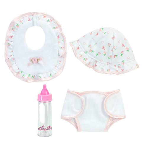 Sophia's 5 Piece Floral Print Sleeper, Bib, Hat, Diaper and Bottle Set for 15'' Dolls, White/Pink