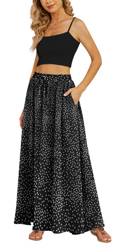 Yincro Women's Flowy Maxi Skirt Summer Pleated High Waisted Casual Long Skirts with Pockets (White Polka Dot Black, M)