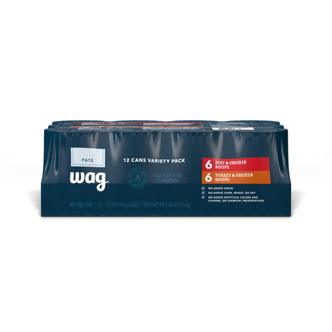 Amazon Brand - Wag Pate Canned Dog Food Variety Pack (Beef & Chicken / Turkey & Chicken), 12.5 oz Can (Pack of 12)
