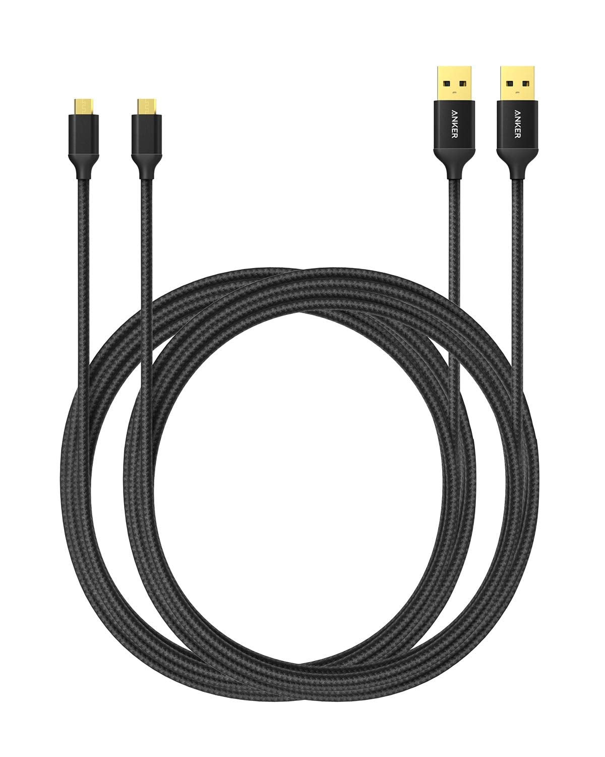 Anker [2-Pack Micro USB Cable 6ft/ 1.8m Nylon Braided Tangle-Free Micro Cable with Gold-Plated Connectors for Android, Samsung, HTC, Nokia, Sony and More (Black)