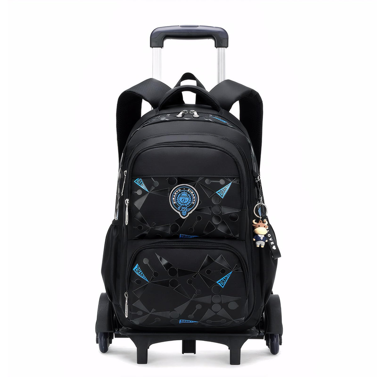 Amythe School Backpack for Boys and Girls with Trolley, Elementary School Backpack for Boys 6-12 Years, Backpack+Trolley 6 Wheels for Travel, Children's Backpack with Wheels, Black-Blue, Rucksack