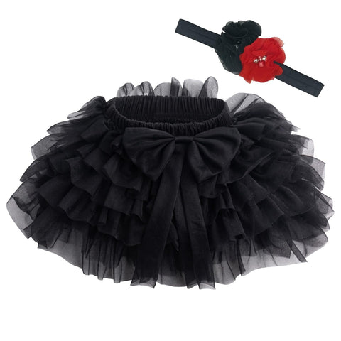 Beganly Baby Girls Soft Fluffy Ruffle Tulle Skirt with Nappy Cover Toddler Princess Party Tutu Sets with Flowers Headband, black, 0-6 Months