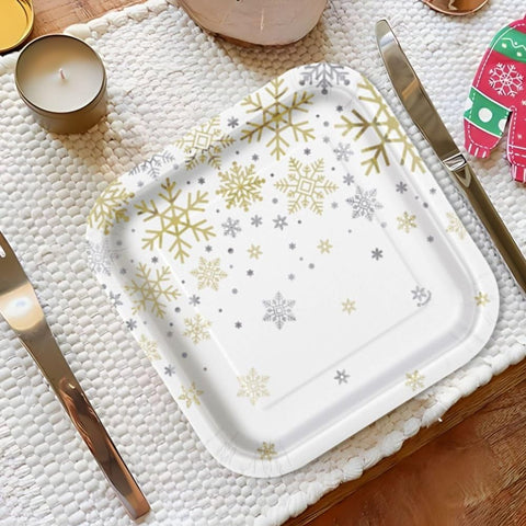 Unique Holiday Snowflakes Square Dessert Paper Cups - 7" | Silver & Gold | 8 Pcs
