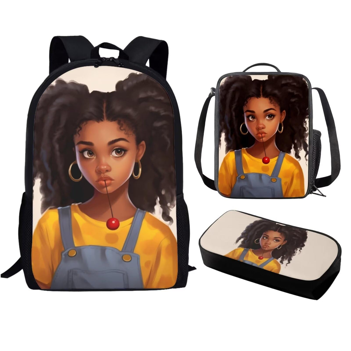 BYCHECAR Black African Girl School Bag Afro American Backpack Set with Lunch Box Pencil Case, Magic Preppy Girls Bookbag Age 6-8/10-12/14-16, Elementary/Primary Kids Book Bag