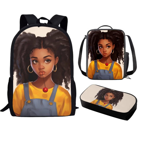 BYCHECAR Black African Girl School Bag Afro American Backpack Set with Lunch Box Pencil Case, Magic Preppy Girls Bookbag Age 6-8/10-12/14-16, Elementary/Primary Kids Book Bag
