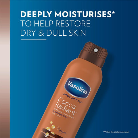 Vaseline Intensive Care Cocoa Butter Radiant Moisturizing Spray, 6.5 Oz (2 Pack) plus Cocoa Butter Petroleum Jelly, 1.7 Oz, Cocoa Butter Skin Care bundle