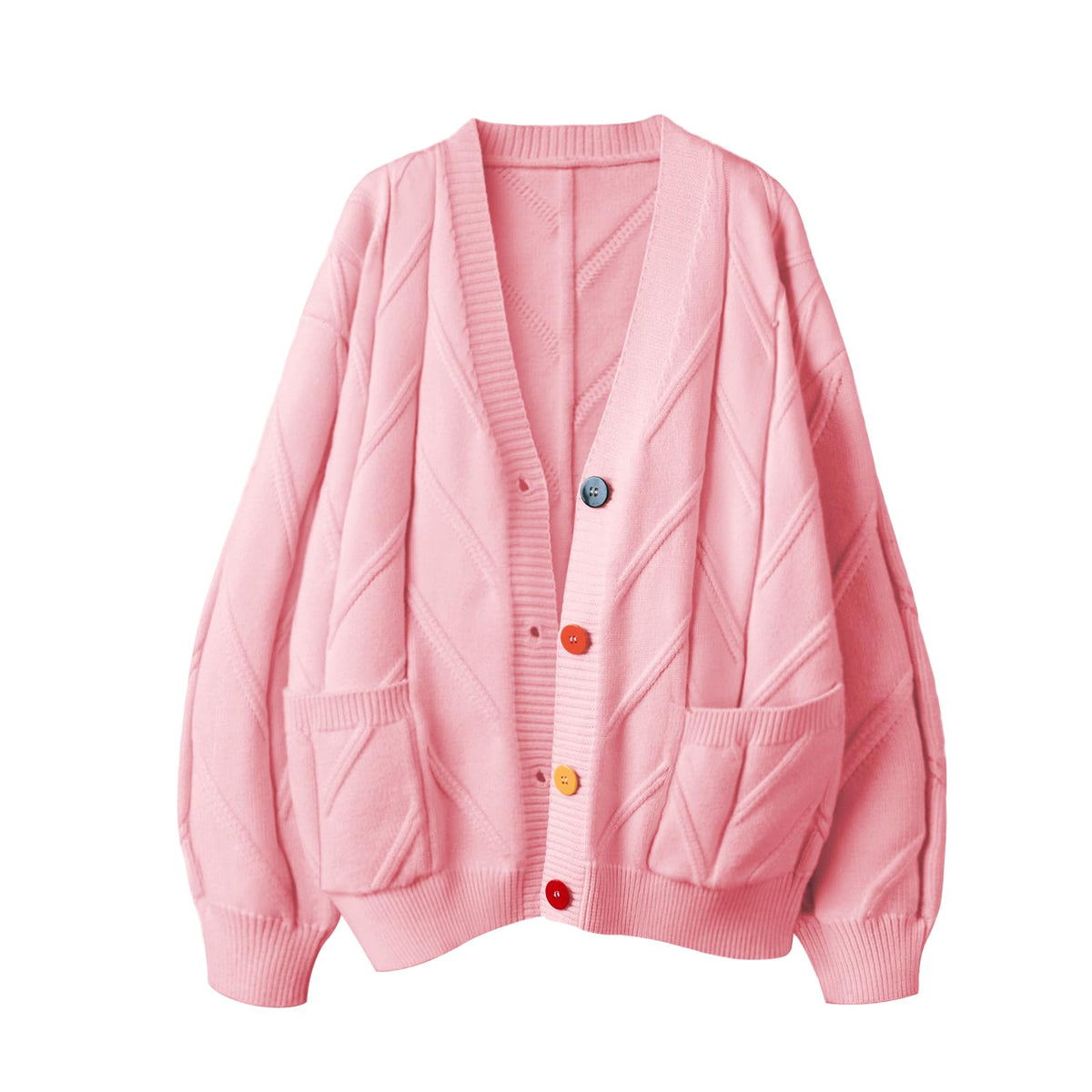 Women's Cable Knit Long Sleeve Open Front Cardigan Sheep V-Neck Button Down Embroidery Wool Blend Sweater Coat Outwear, Z-pink, Medium