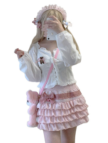 OATSBAS Elastic Waist Lolita Cake Mini Skirts for Women Girls High Waist Pleated Skirt Y2K Layered Skirt (One Size,Pink)