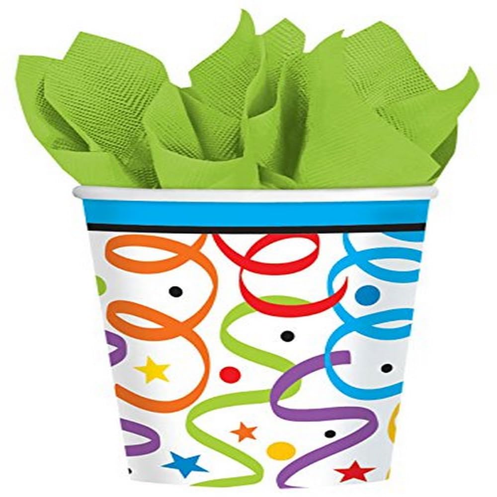 Colorful Stars and Streamers Birthday Party Paper Cups , Pack of 8, Multi , 9 Ounces, Paper
