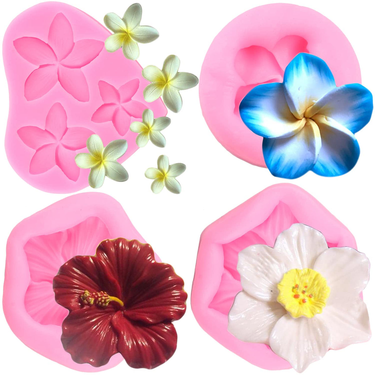 RFGHAC Frangipani Plumeria Flower Floral Silicone Mould Hibiscus Flower Fondant Moulds for Sugar Cake Decorating Cupcake Topper Candy Chocolate Gum Paste Polymer Clay Set of 4