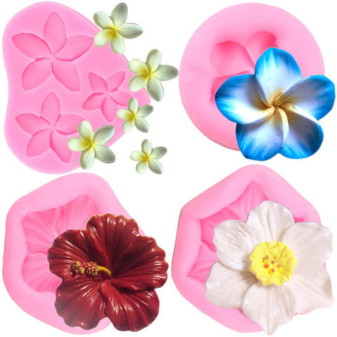 RFGHAC Frangipani Plumeria Flower Floral Silicone Mould Hibiscus Flower Fondant Moulds for Sugar Cake Decorating Cupcake Topper Candy Chocolate Gum Paste Polymer Clay Set of 4