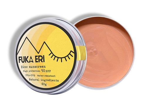 Fuka Eri mineral zinc sunblock, non-nano. Natural ingredients, 50 SPF. Vegan, waterproof and reefsafe. Face and body. Tinted sunscreen. Broad spectrum. Improved formula, 60g