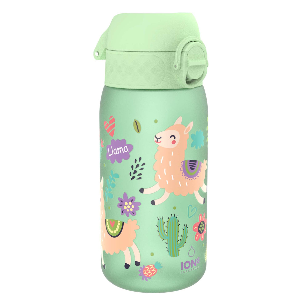 Ion8 Small Water Bottle, 350 ml/12 oz, Leak Proof, Easy to Open, Secure Lock, Dishwasher Safe, BPA Free, Carry Handle, Hygienic Flip Cover, Easy Clean, Odor Free, Carbon Neutral, Green, Llamas Design