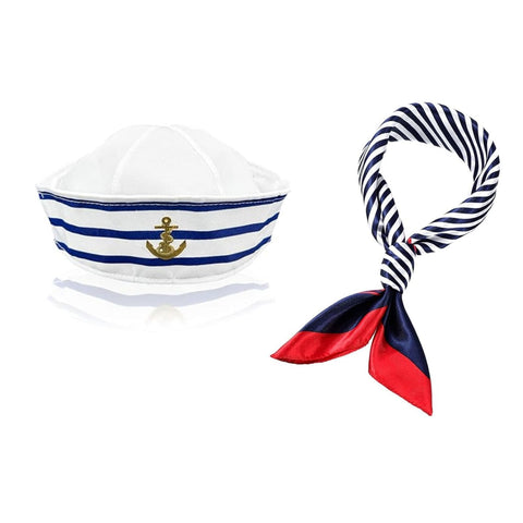 JJiaoLinin Captain Sailor Costume Set,Sailor Hat and Scarf Set Blue and White Striped Sailor Captains Hat?Red Edge Blue Bar Square Scarf Navy Outfit Dressing Up Party for Women Men Costume Accessory