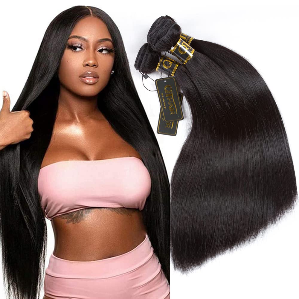 QTHAIR 14A Unprocessed Brazilian Virgin Straight Hair (20" 22" 24",300g) 100% Unprocessed Brazilian Straight Virgin Human Hair Extensions Weaves Natural Black