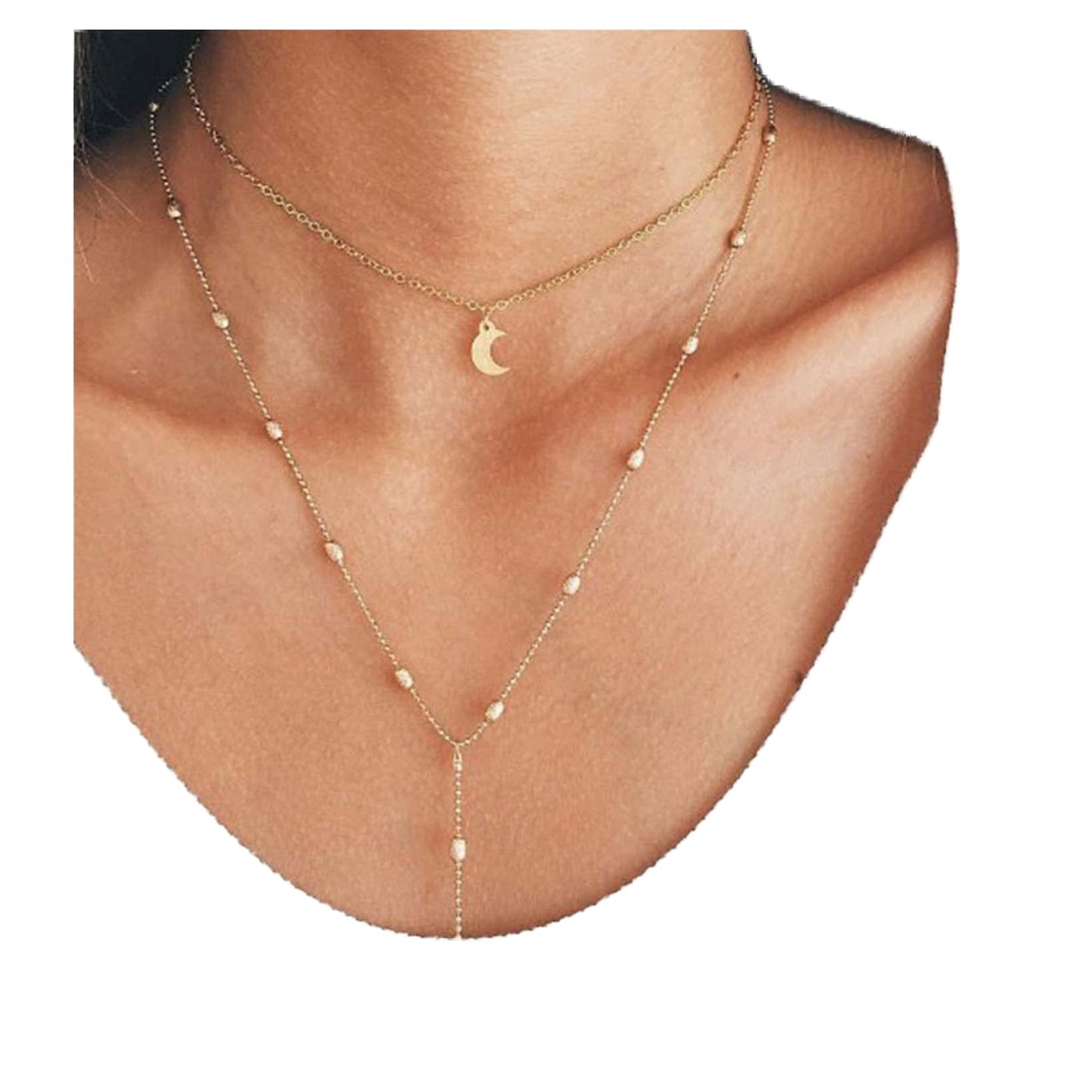 Yheakne Boho Layered Moon Necklace Choker Gold Y Lariat Necklace Chain Long Satellite Wrap Necklace Adjustable Vintage Necklace Chain Jewelry for Women and Girls Gifts