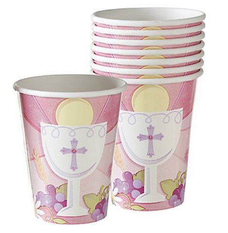 Amscan Pink First Communion Paper Cups for Religious Party Hot and Cold Beverage, Pink, 9 oz