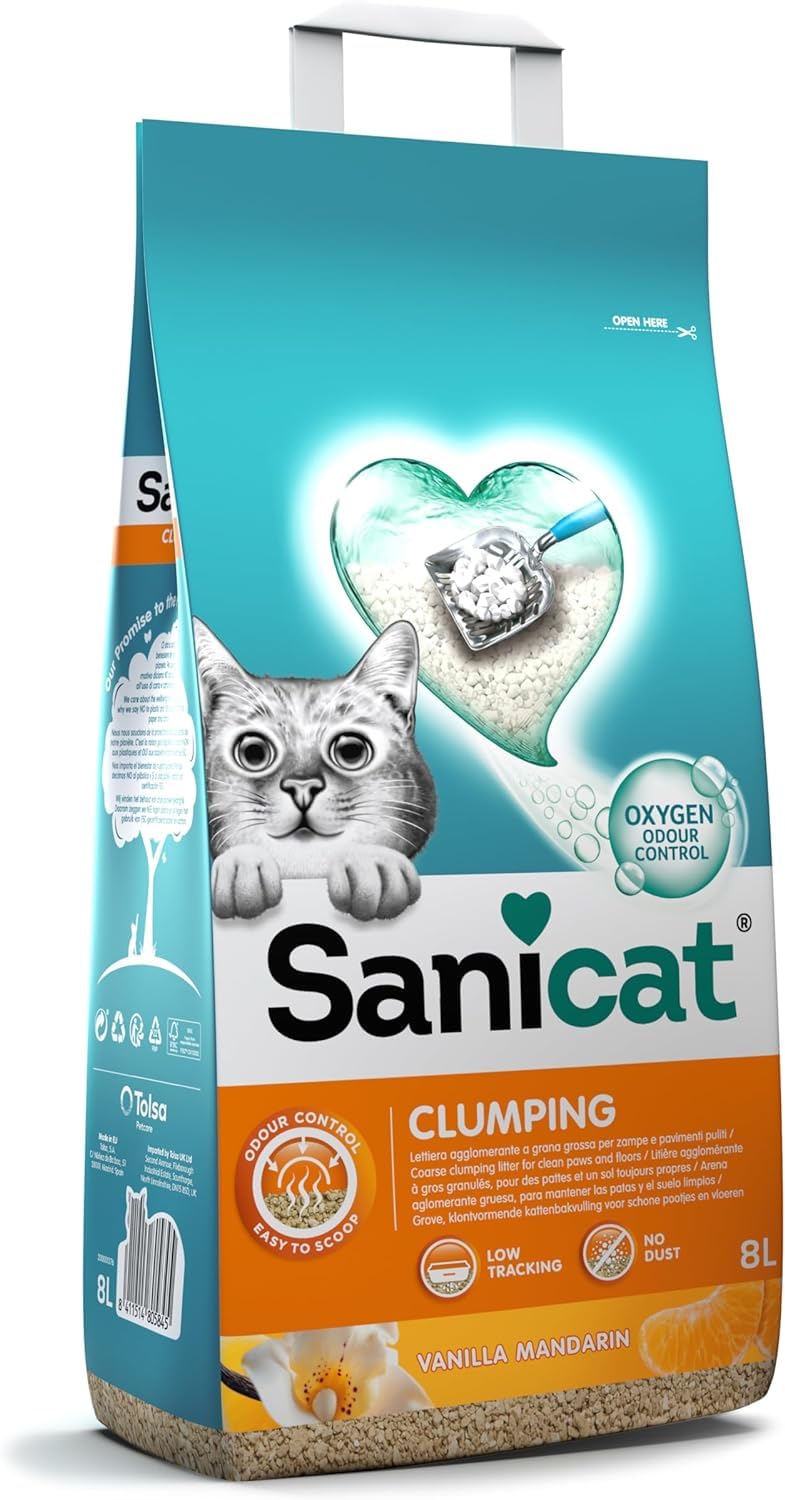 Sanicat - Clumping Cat Litter with Vanilla and Mandarin Scent | Made of Natural Minerals with Guaranteed Odour Control | Absorbs Moisture and Makes Cleaning Easier | 8 L Capacity
