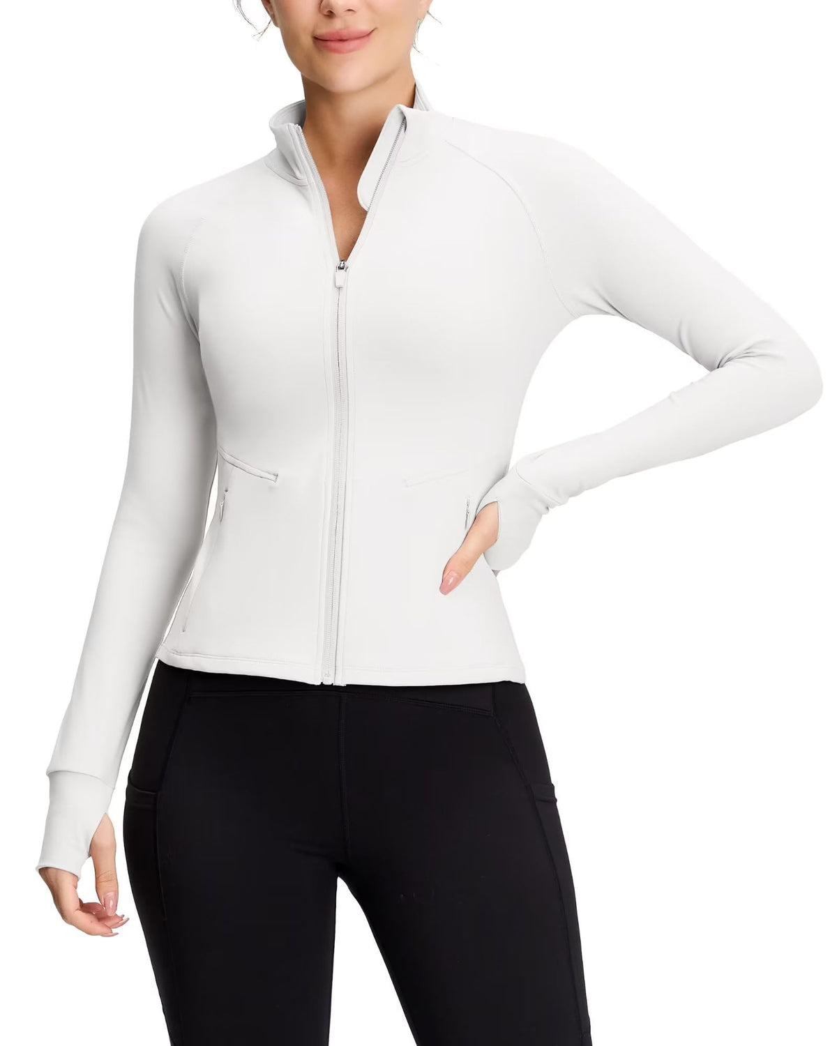 QUEENIEKE Womens Workout Jacket Lightweight Full Zip Running Track Jacket Slim Fit Yoga Cropped Tops with Thumb Holes XL White
