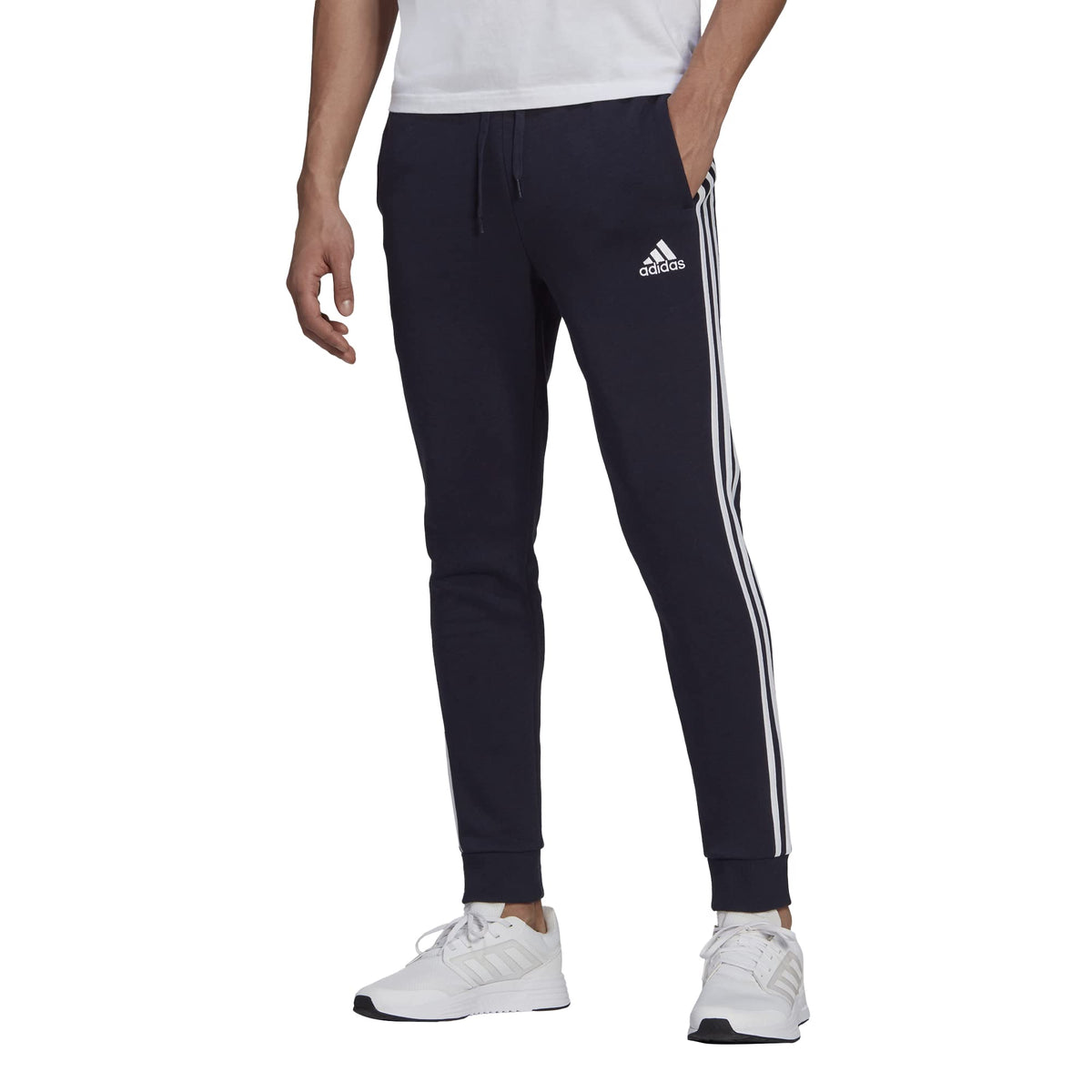 adidas Mens Standard Essentials Fleece Tapered Cuff 3-Stripes Pants, Legend Ink/White, Small