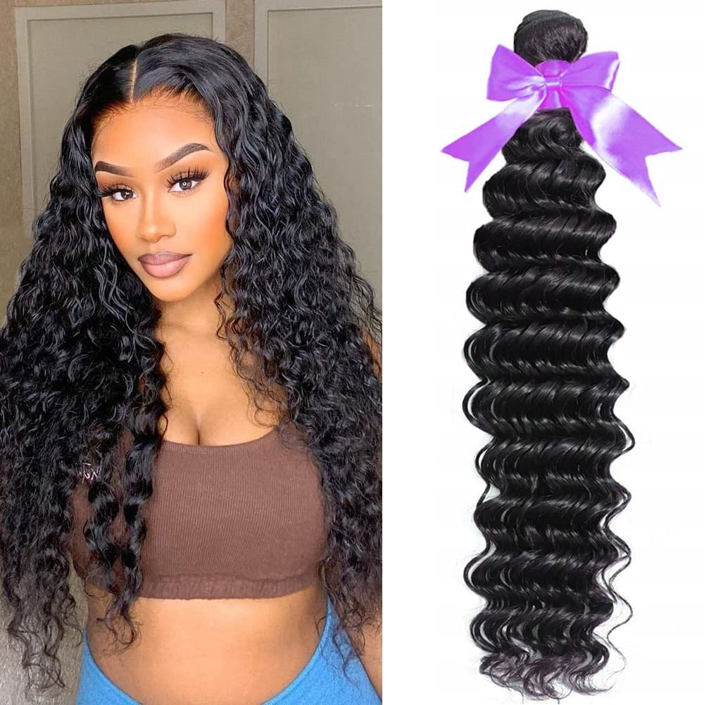 10A Brazilian Deep Wave Single Bundles Human Hair 28 Inch 1 Bundle Wet and Wavy Human Hair Weave Bundles 100% Unprocessed Virgin Curly Bundles Human Hair 1B Natural Black