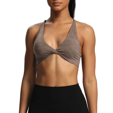 Aoxjox Women's Workout Sports Bras Fitness Backless Padded Sienna Low Impact Bra Yoga Crop Tank Top (Cloud Fade Mocha, Medium)