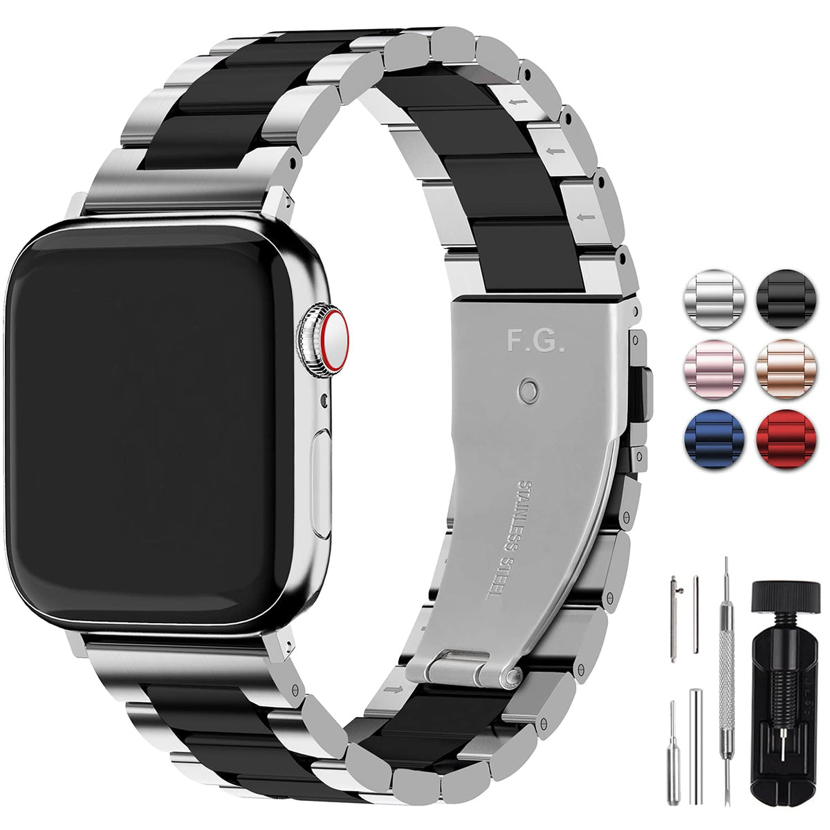 Fullmosa Compatible with Apple Watch Strap 38mm 40mm 41mm, Stainless Steel Replacement Band Compatible with iWatch Series 9 8 7 6 SE SE2 5 4 3 2 1 Strap, Silver and Black& Protective Case
