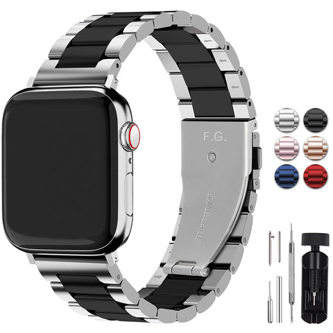 Fullmosa Compatible with Apple Watch Strap 38mm 40mm 41mm, Stainless Steel Replacement Band Compatible with iWatch Series 9 8 7 6 SE SE2 5 4 3 2 1 Strap, Silver and Black& Protective Case