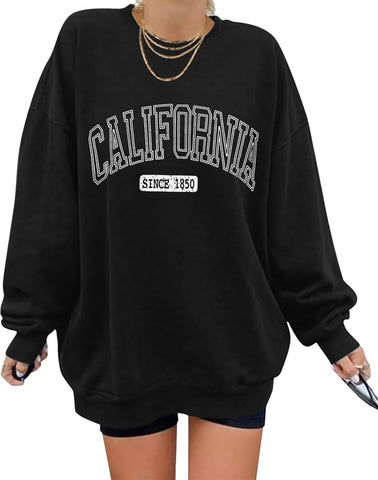 ORANDESIGNE Oversized Graphic Sweatshirt for Women Long Sleeve Crewneck Pullover Casual Fall Hoodie Tops 2024 CALIFORNIA Black X-Small