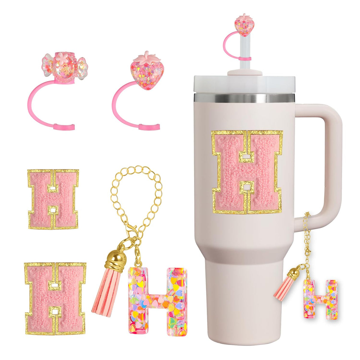 Stanley Cup Accessories Including Silicone Straw Cover Cap, Letter Glitter Stanley Charms with Chain and Letter Stickers for Stanley Cup 30 40 OZ for Girls Women