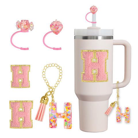 Stanley Cup Accessories Including Silicone Straw Cover Cap, Letter Glitter Stanley Charms with Chain and Letter Stickers for Stanley Cup 30 40 OZ for Girls Women